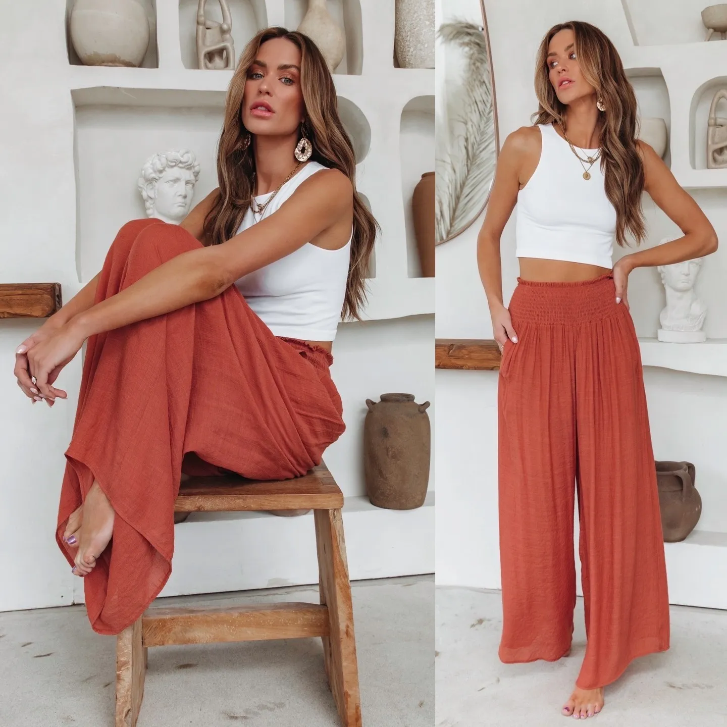 Solid Color Ruffled Wide-Leg Pants