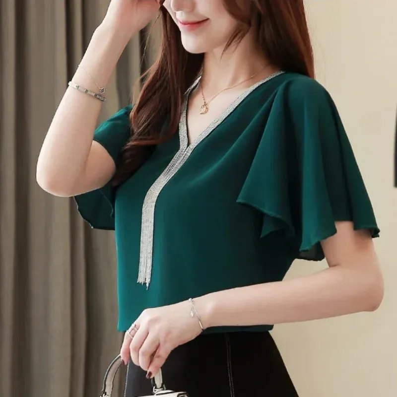 Solid Summer Chiffon Youth New Short Elegant Lady Office Color Fashionable Sleeve V-Neck Top