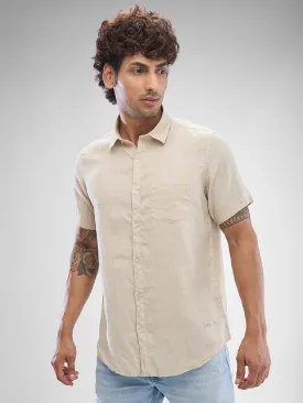 Spykar Cream White Linen Half Sleeve Raised Collar Shirt For Men