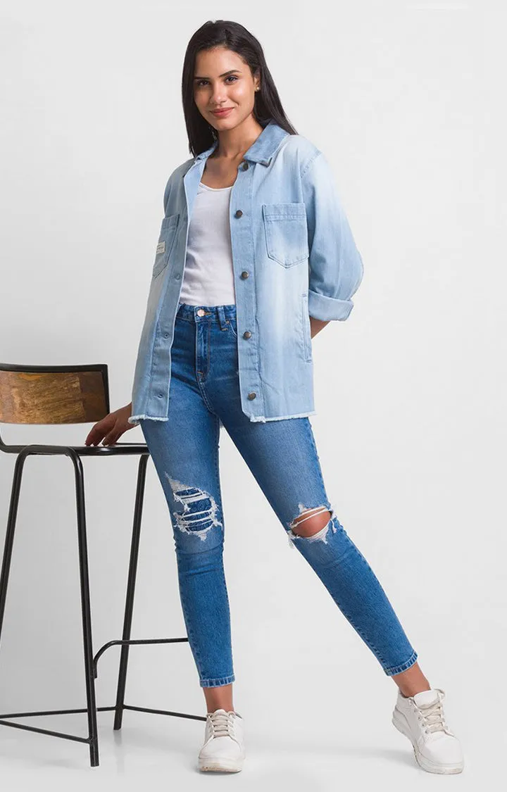 Spykar Ice Blue Cotton Full Sleeve Denim Shirts For Women