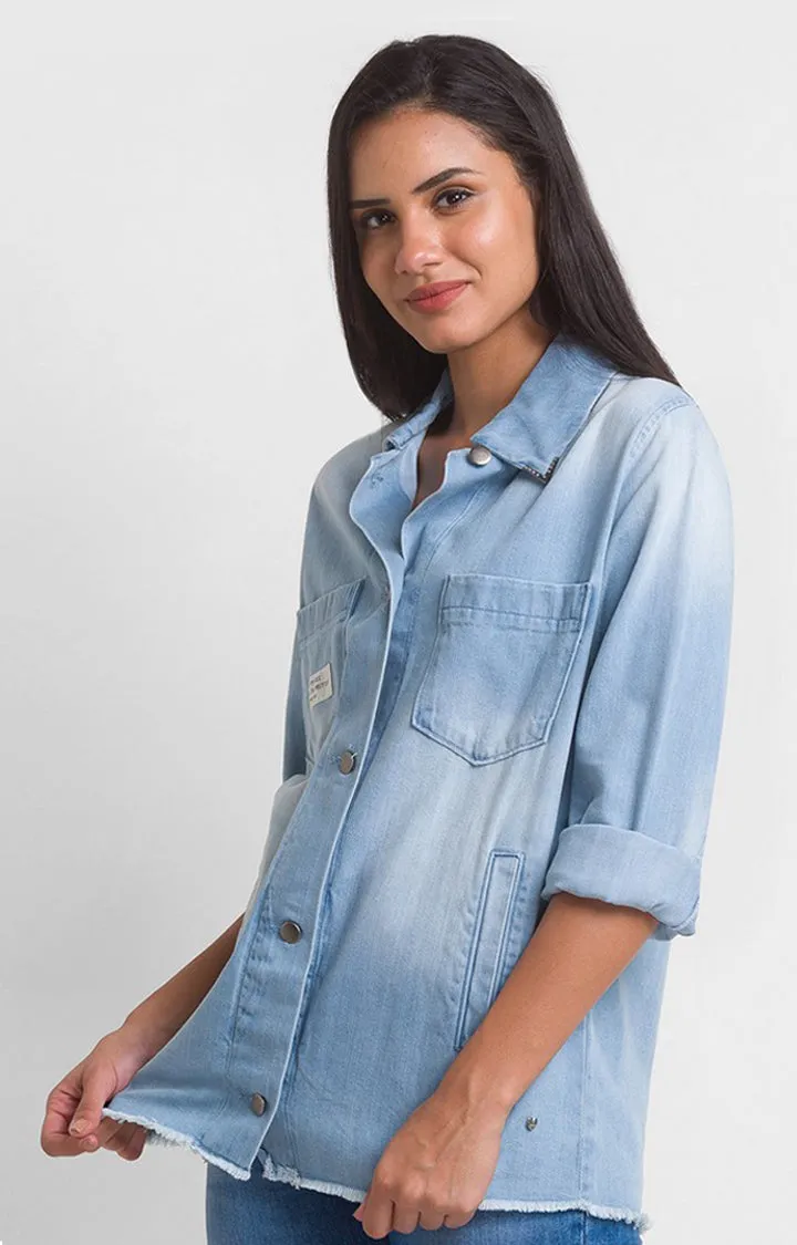 Spykar Ice Blue Cotton Full Sleeve Denim Shirts For Women