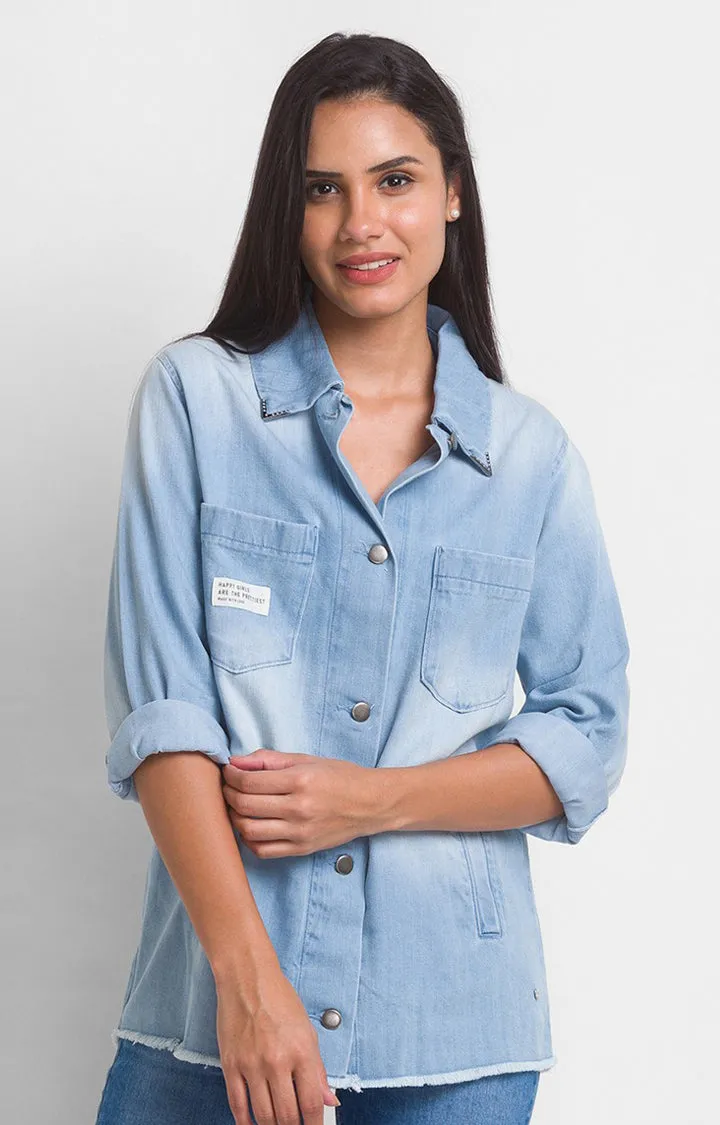 Spykar Ice Blue Cotton Full Sleeve Denim Shirts For Women