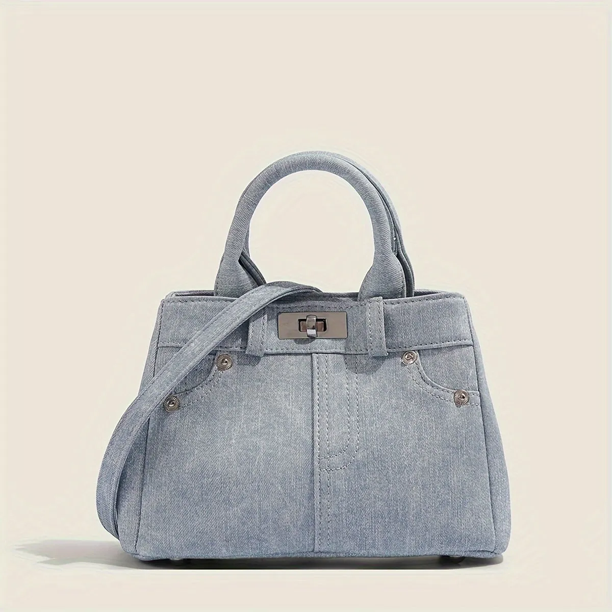 Stylish One Elegant Blue Denim Tote Bag with Detachable Shoulder Strap - Ideal for Daily Commutes and Leisurely Outings