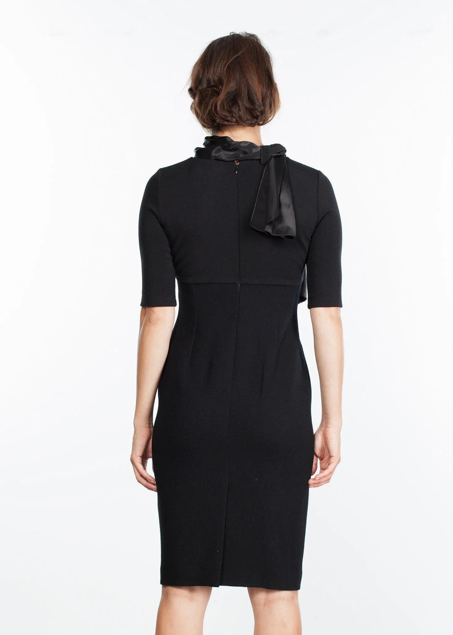 Tie Neck Wool Dress in Black -UEB