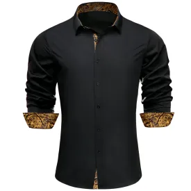 Ties2you Business Shirts Black Solid Splicing Gold Paisley Silk Mens Button Down Long Sleeve Shirt