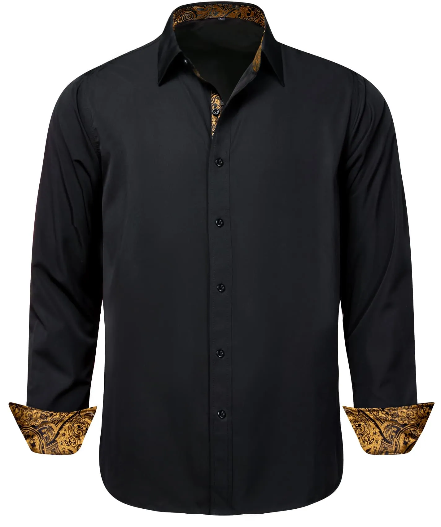 Ties2you Business Shirts Black Solid Splicing Gold Paisley Silk Mens Button Down Long Sleeve Shirt