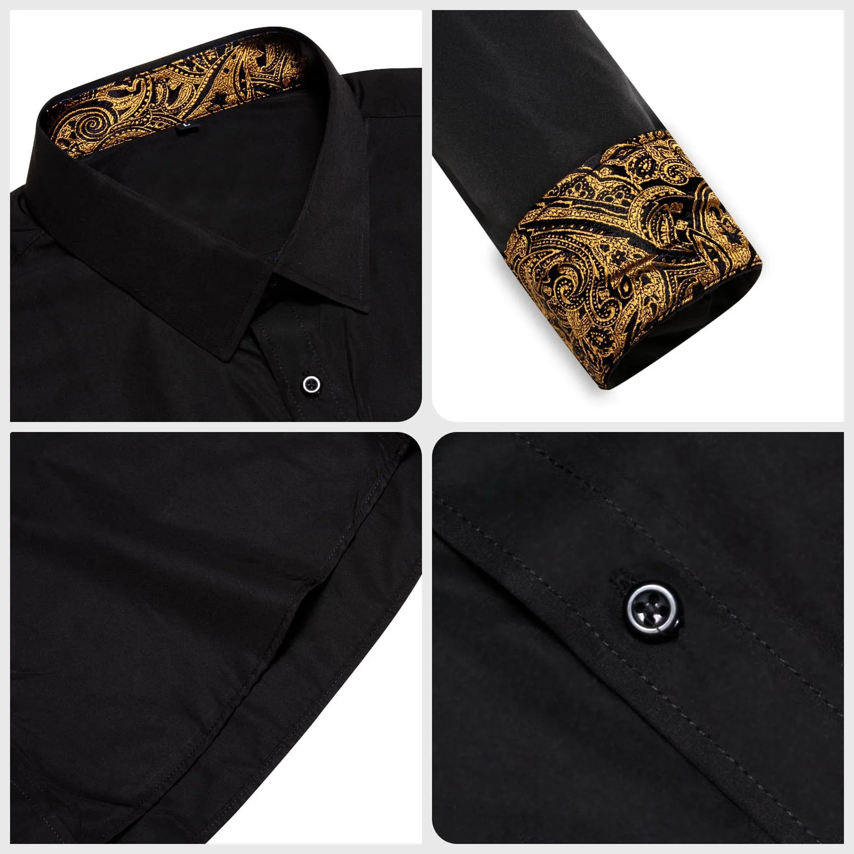 Ties2you Business Shirts Black Solid Splicing Gold Paisley Silk Mens Button Down Long Sleeve Shirt