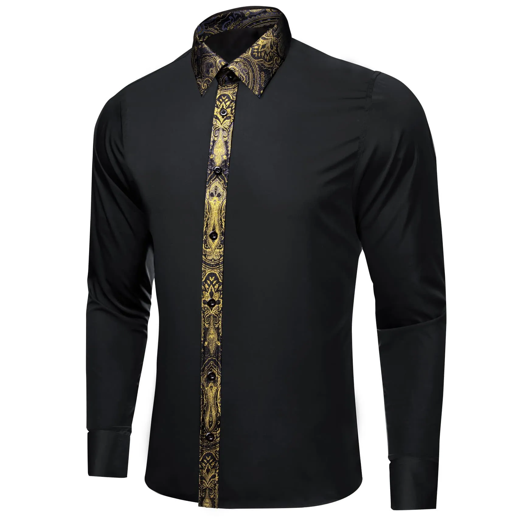 Ties2you Dress Shirt Black Solid Splicing Gold Button Up Long Sleeve Shirts for Men