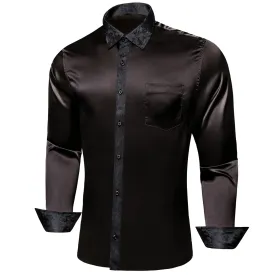 Ties2you Dress Shirt Coal Black Solid Splicing Paisley Button Down Long Sleeve Shirts for Men