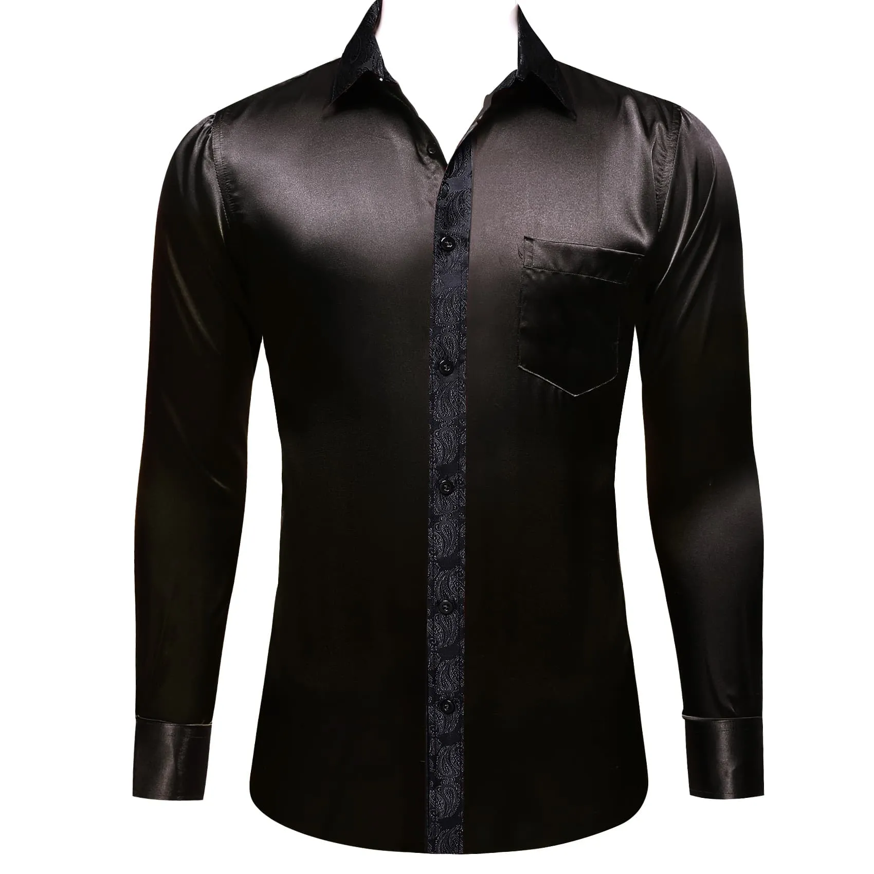 Ties2you Dress Shirt Coal Black Solid Splicing Paisley Button Down Long Sleeve Shirts for Men