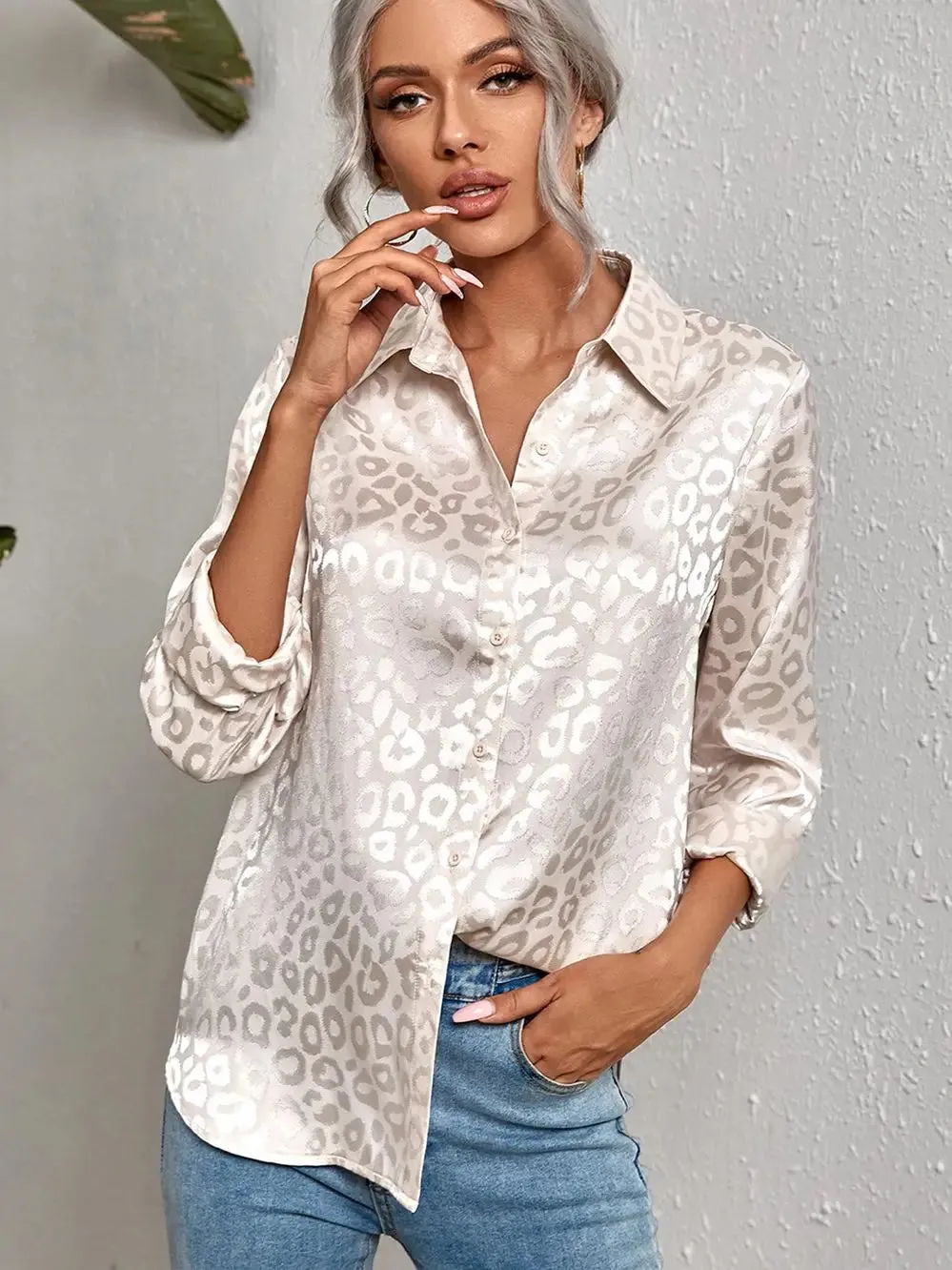 Toleet-Spring Office Lady Tops Long Sleeve Leopard Jacquard Blouse Fashion Turn Down Collar Button Shirt Autumn Tops Elegant 19169