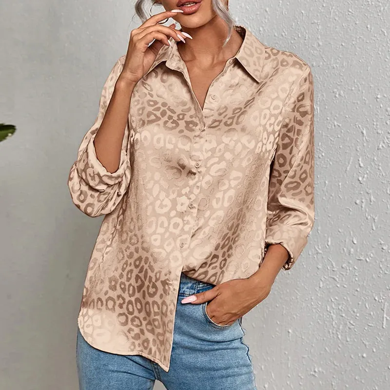 Toleet-Spring Office Lady Tops Long Sleeve Leopard Jacquard Blouse Fashion Turn Down Collar Button Shirt Autumn Tops Elegant 19169