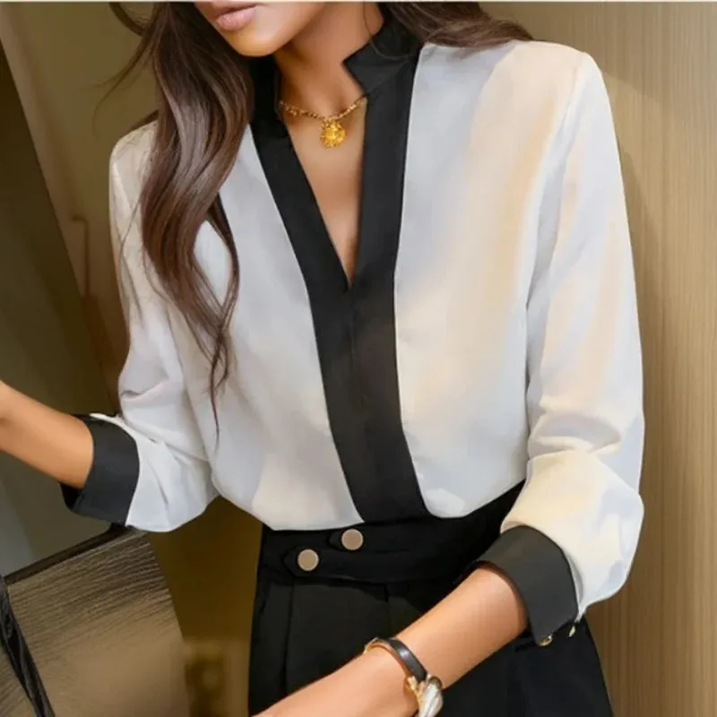 V Lady New Neck Sleeve Long Elegant White Casual Chiffon Solid Autumn Office Top