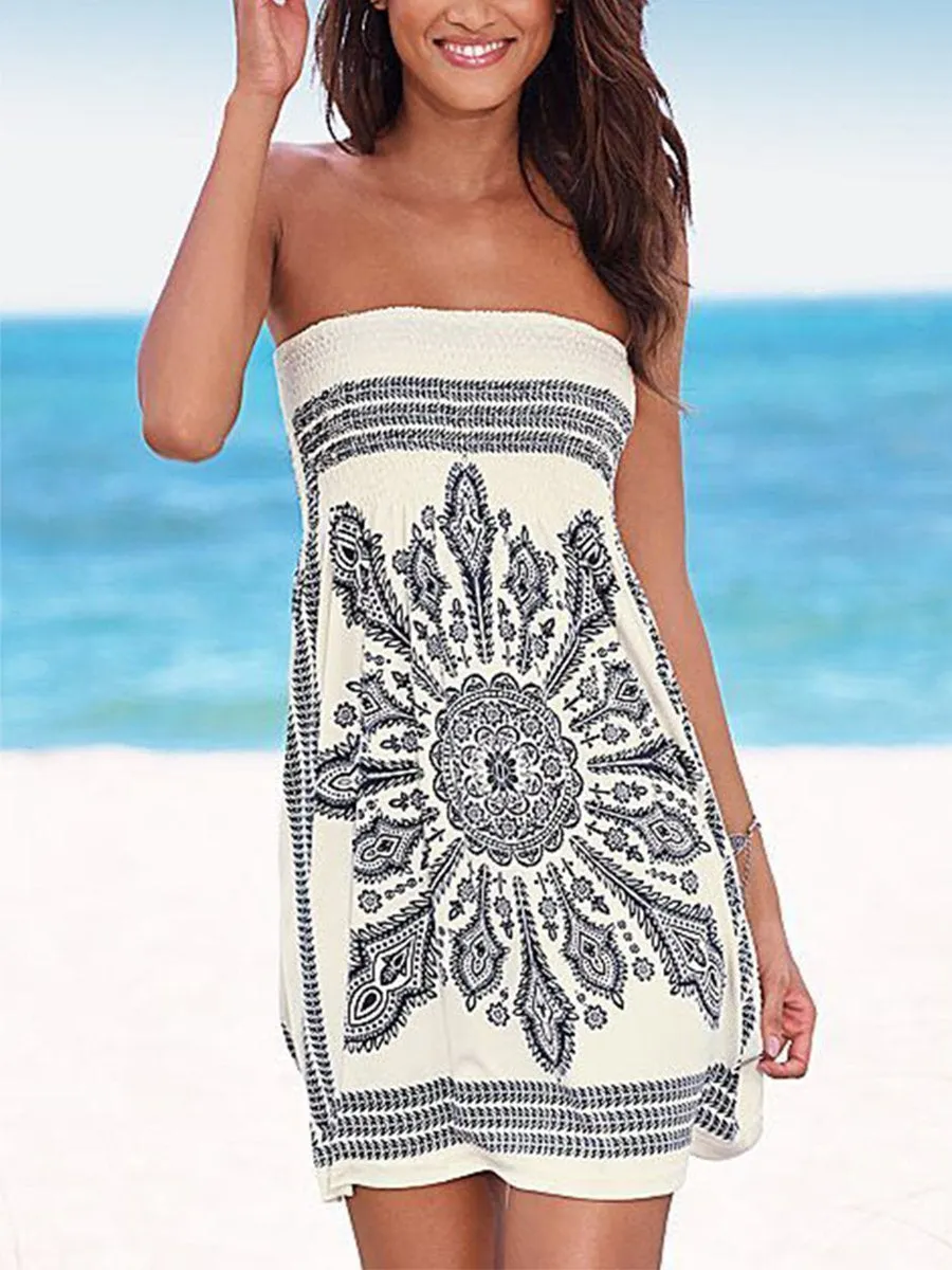 Vacation Style Printing Strapless Floral Dress